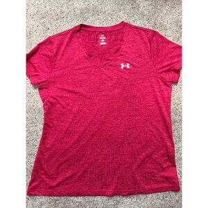 Under Armour Womens Small Loose Fit Pink V-Neck Short Sleeve T-Shirt Polyester